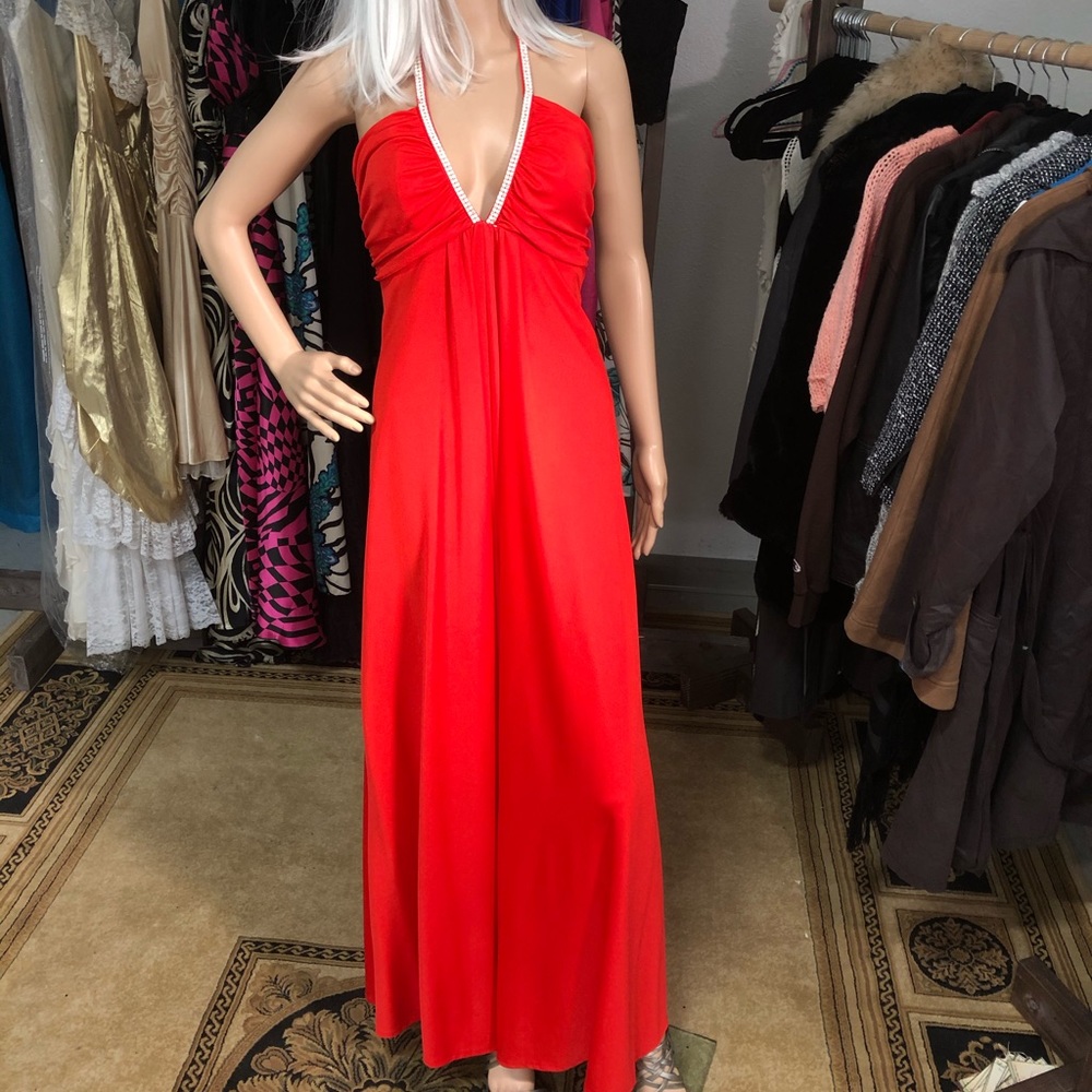 Vintage bright orange gown with gem neckline
